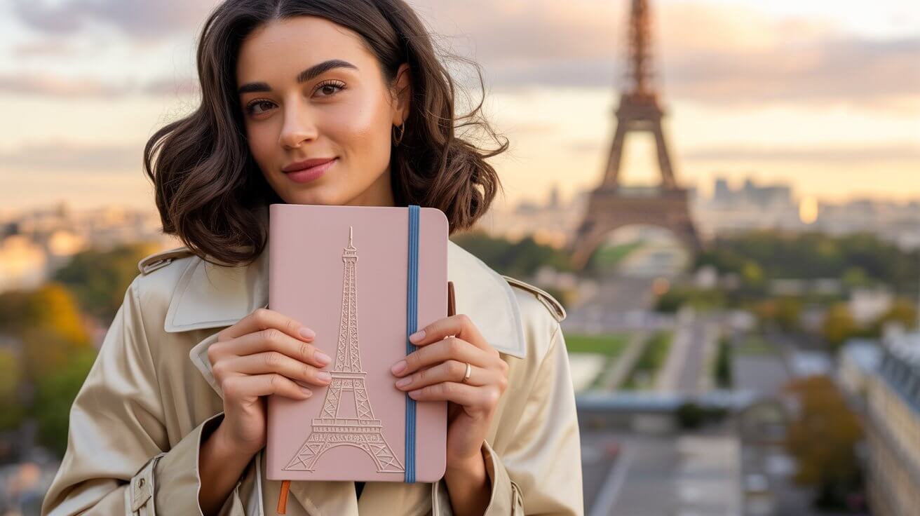 Žena se zápisníkem Emily in Paris na pozadí Paříže